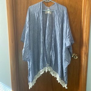 Tropicalia Blue Shawl/Kimono w/ White Lace Trim